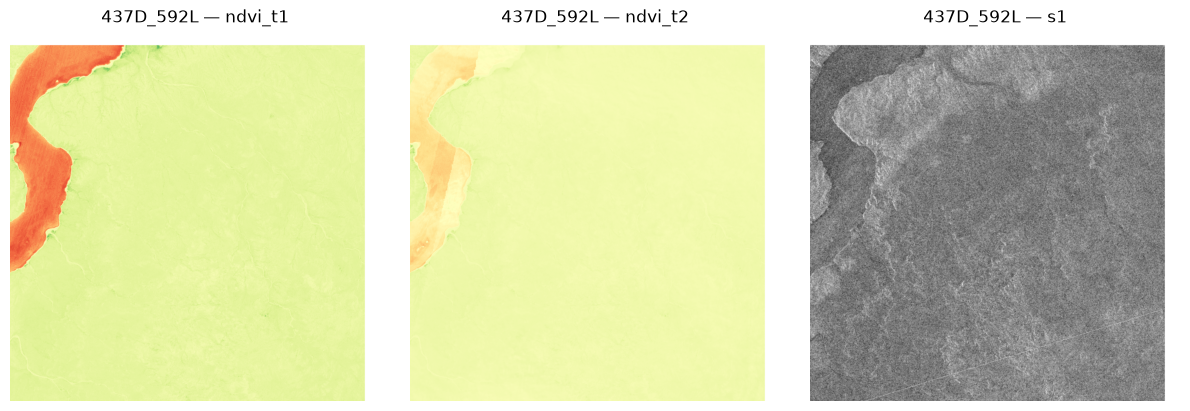 One Major TOM cell: NDVI t1, NDVI t2, Sentinel-1 vv